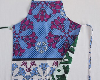Reversible Child Apron, Kanga - Blue Purple Flowers and Green White Sun, Small Kids