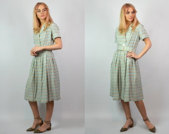Vintage 1950s Pastel Green, White & Beige Stripe Summer Midi Dress