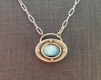 25% Off Larimar Cabochon 14K Gold, Riveted Sterling Silver Treasure Box Metalwork Necklace Pendant