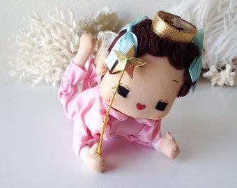 Vintage pose doll angel baby retro pink Japan fairy stockinette pixie netting wings Christmas decoration