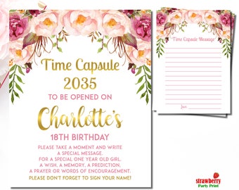 Floral Time Capsule Sign, Floral First Birthday Time Capsule, Pink & Gold Girl First Birthday, Time Capsule Sign Digital Printable, A54