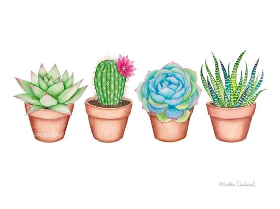 Succulent watercolor art print. Cactus painting. Plant wall