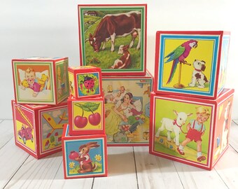 Vintage German Nesting Blocks - Lungers Hausen Fairy Tale Art - Wood & Lithograph - 10 Stacking Boxes - Eichhorn - 1940's Movie Photo Props