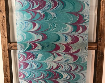 Handmade Water-marbled Silk Scarf - Turquoise / Magenta / Blue / White