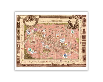 paris wall art illustrated map of paris watercolor illustration on vintage paris map