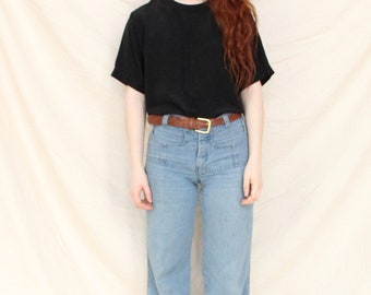 Black Silk Tee Vintage Silk Blouse Noir Silk Top 100% Silk 90s Blouse