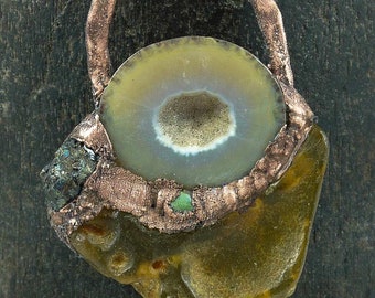 Copper Electroformed Pendant with Amber and Geode