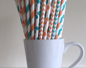 Orange and Teal Paper Straws Orange and Aqua Striped, Chevron, Polka Dot Party Supplies Party Decor Bar Cart Cake Pop Sticks Graduation