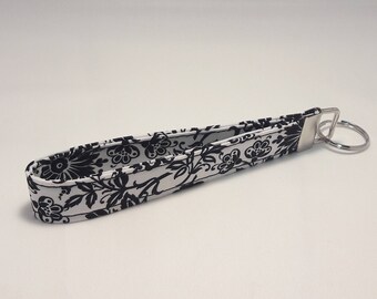 White with Black Floral Fabric Keychain / Wristlet / Key Fob