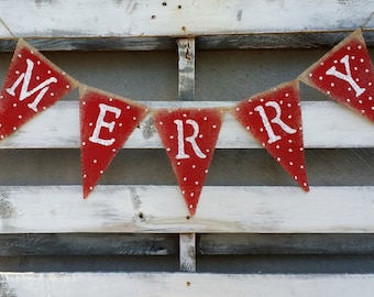 Hand Painted Merry Burlap Banner, Christmas Banner, Holiday Decor, Rustic Winter Decor, Holiday Photo Prop