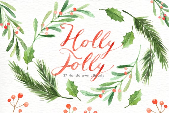 holly jolly watercolor christmas clipart holiday winter set