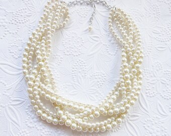Pearl Statement Necklace, Chunky Pearl Necklace, Ivory Pearl Necklace, Braided Pearl Necklace, Bridal Necklace