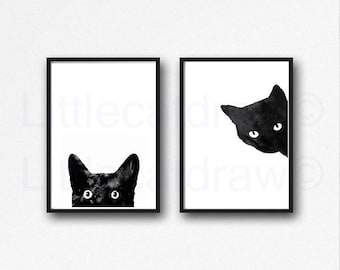 Black Cat Print Set Of 2 Black Cat Art Prints Cat Art Wall Decor Cat Lover Gift Pet Moms Living Room Decor Wall Cat Decor Watercolor Print