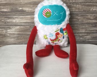 Soft toy, Hug Monster with ribbons for boy, unique plush, aqua blue and red with dinosaur pocket, stuffed toys, baby gift, ready to go