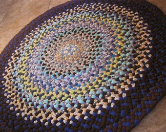 New Ready To Ship Handmade Hand braided Recycled Round Rug / Rag Rug / Carpet in shades of blue for the nursery / bathroom / kitchen / entry