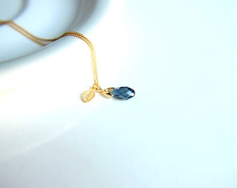 Blue gray swarovski cystal necklace with tiny gold plated leaf, a perfect gift for wedding, valentine's, mother's day, bridal gift
