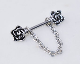 Nipple Barbell, Flowers Rose with Chain, 14 Gauge Silver 316L Stainless Surgical Steel, Girly Nipple Bar, Sexy Nipple Piercing Jewelry