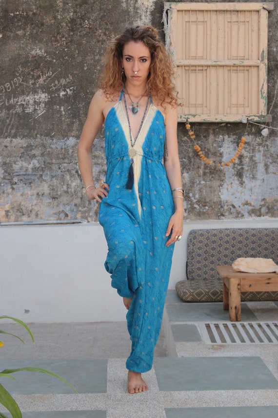 LUXURY BLUE JUMPSUIT - Summer - Wedding - Christening - Occasion - Vintage Style - Festival - Hippie - Halter neck - Couture - Bohemian