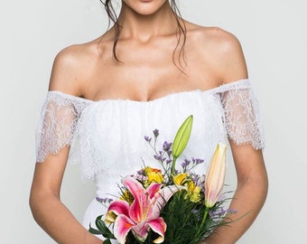 boho chic wedding dress/ bohemian wedding dress/ beach wedding dress/ Off the shoulder wedding dress