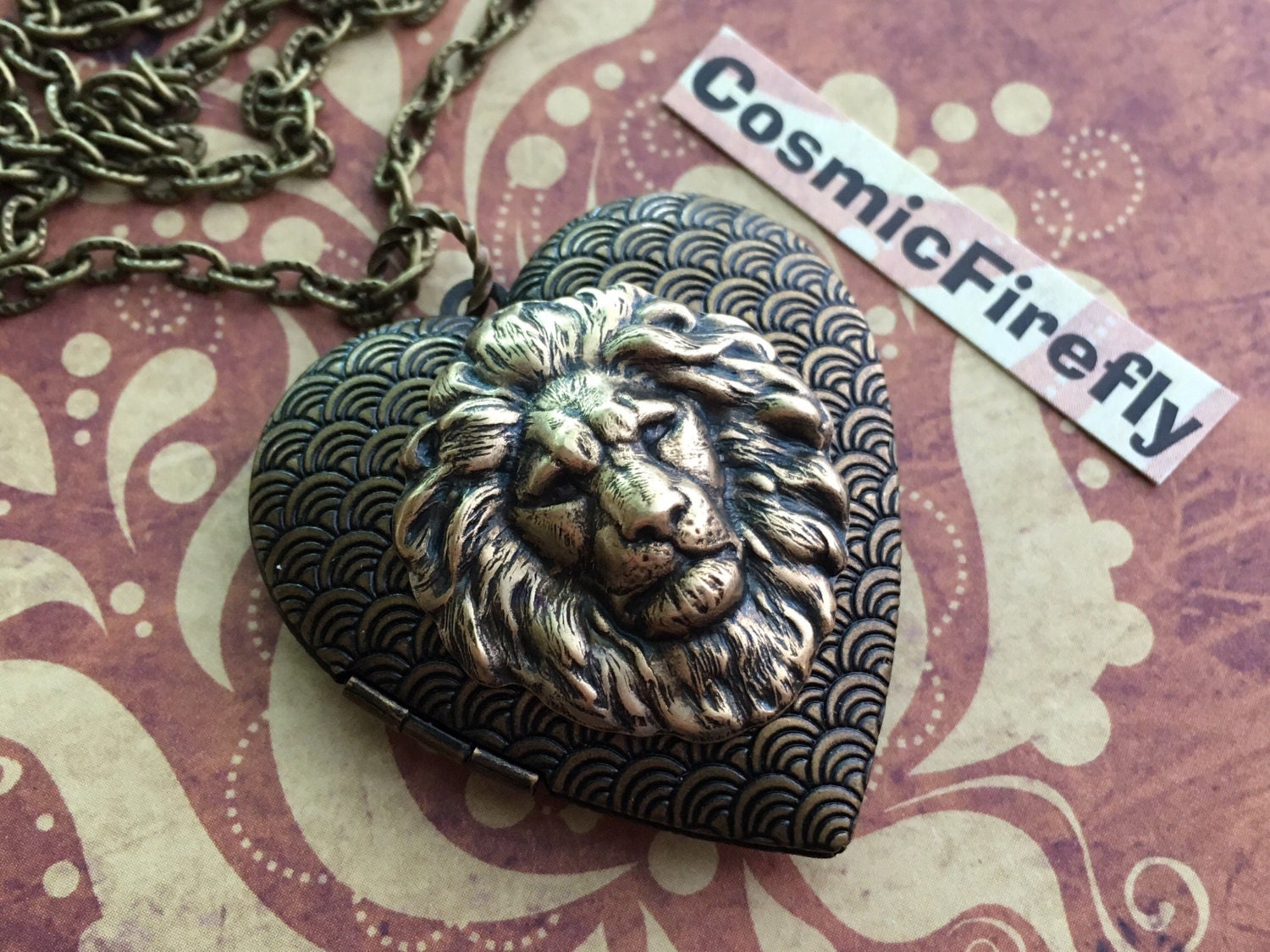 Big Lion Heart Necklace Brass Lion Head Locket Necklace