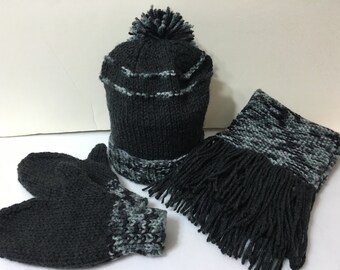 READY TO SHIP Handmade Knit Toddler Hat Mittens and Scarf Set/Boys/Grey Size: 3 to 5 years
