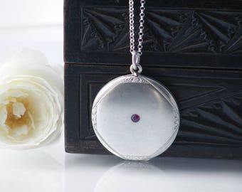 Antique Locket | Jugendstil 800 Silver Locket with Ruby | Round Satin Finish German Silver Locket | Edwardian Era - 20 inch Sterling Chain