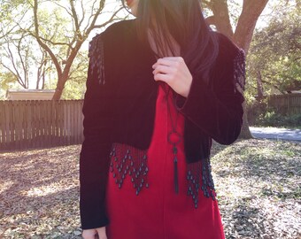 Black velvet beaded fringe crop jacket