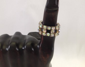 Vintage Aurora Borealis AB Rhinestone Adjustable Stretch Band Ring