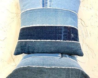 Denim Pillow 14x14 patched denim patches batik back upcycled denim jeans patching unique decorative pillow artbya denimhead pillows art