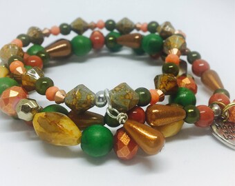 Womens stack bracelet | Beaded Stack Bracelet | Orange Green Bracelet | Set of 3 bracelets | Stretch Bracelet | Boho Stack Bracelet |Boho