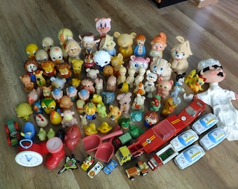 Vintage lot set of rubber plastic wood tin toys 100 pcs