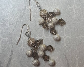 SALE - Silver Swarovski Crystal Rhinestone Glitter Cluster Bling Dangling Earrings - Silver White Gray Grey Bella Mia Beads Ready to Ship