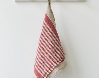 Rustic Linen Kitchen Towel with Red Stripes, Kitchen Linen, Natural Towel