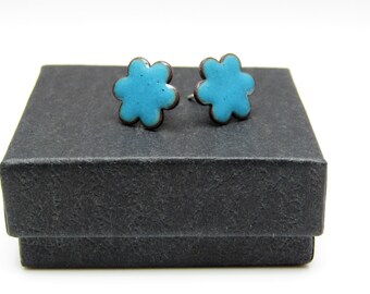 Teal blue flower enamel stud earrings