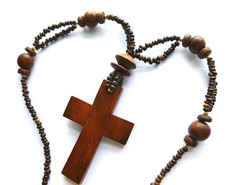 BEADED WOOD Vintage Cross Necklace, Handmade Boho Chic Cross Necklace, OOAK Necklace, Hippie Mens Cross Necklace, Brown Necklace, 1980s