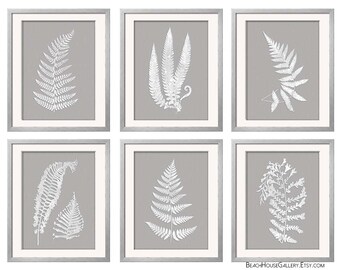 Gray White Wall Art, Fern Botanical Prints, Grey Wall Art, Grey Fern Prints, Antique Fern Prints, Gray Ferns, Garden Botanical, Set of 6