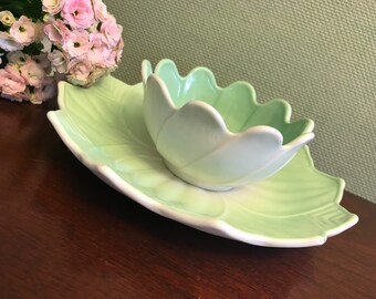 Vintage Lotus Plate and bowl set, Pastel Anchor Hocking dishes, Milk Glass Vitrock Fired on Jadeite green lotus bowl plate, gift for her