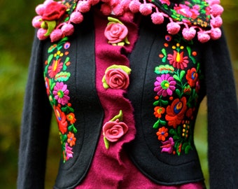 Gypsy style embroidered long COAT, Art to wear boho, hippie romantic coat, Floral patchwork fantasy clothing in Medium size. Ready to ship
