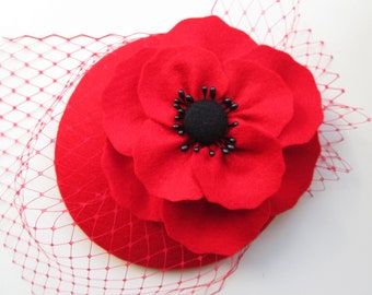 Poppy Red Hat | Red Fascinator, Wedding Hat, Womens Hat, Formal Hat, Cocktail Hat, Felt Hat, Millinery, Races Hat, Ascot, Derby, Tea Party