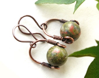 Green stone earrings - copper wire wrapped unakite gemstone beads