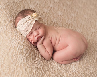 Addelyn - Cream Ivory Beige Lace Headband - Vintage Style - Flower Rosebud Bow - Girls Newborns Baby Infant Adults