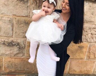 Soft white Ivory Baby Girl Baptism Dress Christening Dress Lace Capp Sleeve Pearl waist trim matching Lace Headband Baby Hat Baby Shoes