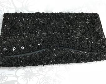 60s Black Beaded Sequin Clutch Envelope Purse Handbag