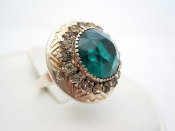 Sterling Silver Ring, Green Glass, Clear Rhinestones Surround, Adjustable Size 6 Ring