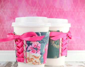 Corset Coffee Cup Cozy // Garden Rocket Cup Cozy // reversible // adjustable // reusable // eco-friendly // to go cup cozy // tumbler cozy