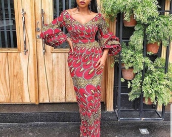 Ankara dress/ Pencil Dress/ Long Pencil Dress/ Bell Sleeves/ V Neck