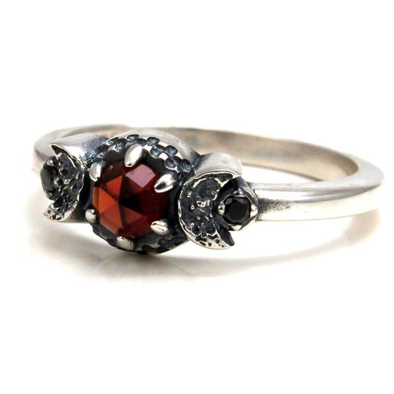 Blood Moon Garnet Ring with Crescent Moons and Black Diamonds - Moon Phase Engagement Ring