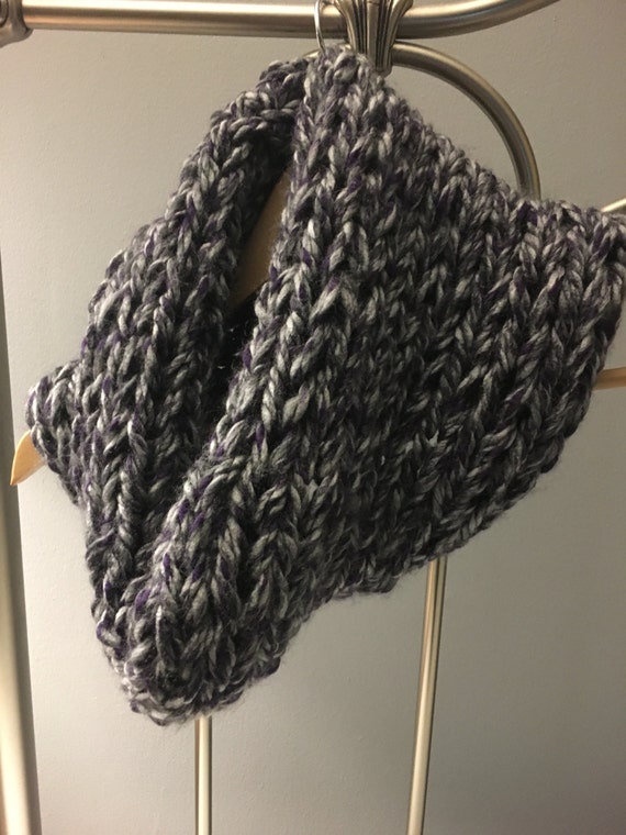 Chunky knit cowl, womens knit scarf, chunky scarf, knit fashion, grey and purple scarf, cozy scarf, winter accessories
