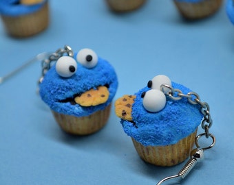 Cookie Monster cupcake earrings,Cookie Monster earrings,Sesame street earrings,Polymer clay jewelry,Miniature food jewelry