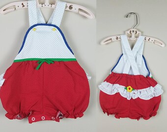 Vintage 1980s baby romper - polka dots red white ruffles romper - baby pinafore - vintage baby girls clothes